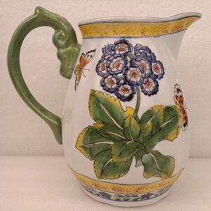 Hand Painted Porcelain Pitcher Raised Blue Flowers Butterfly Green Handle